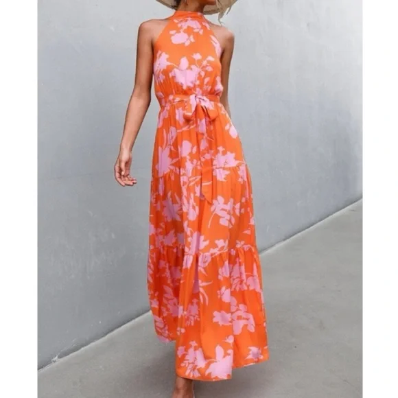 Boho pink  floral print belted halter maxi dress - Picture 11 of 14
